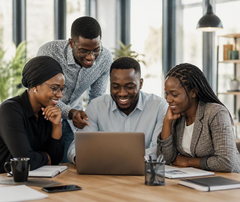 Sarafrika team collaborating around a laptop