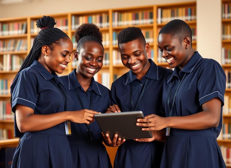 Students collaborating in a library